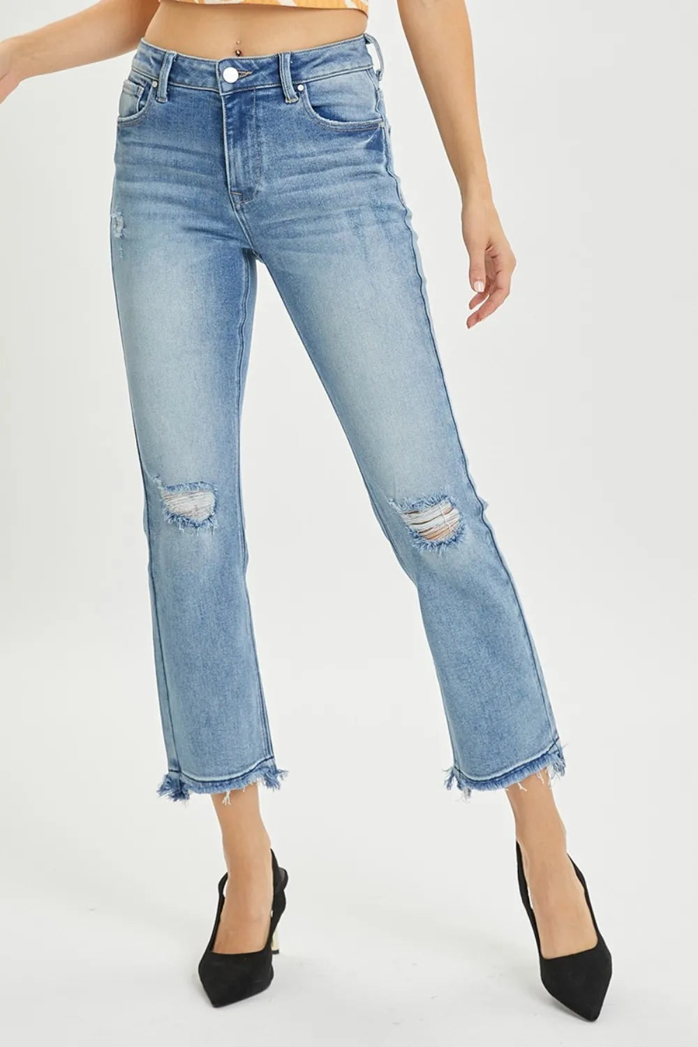 RISEN Full Size High Rise Distressed Cropped Straight Jeans.