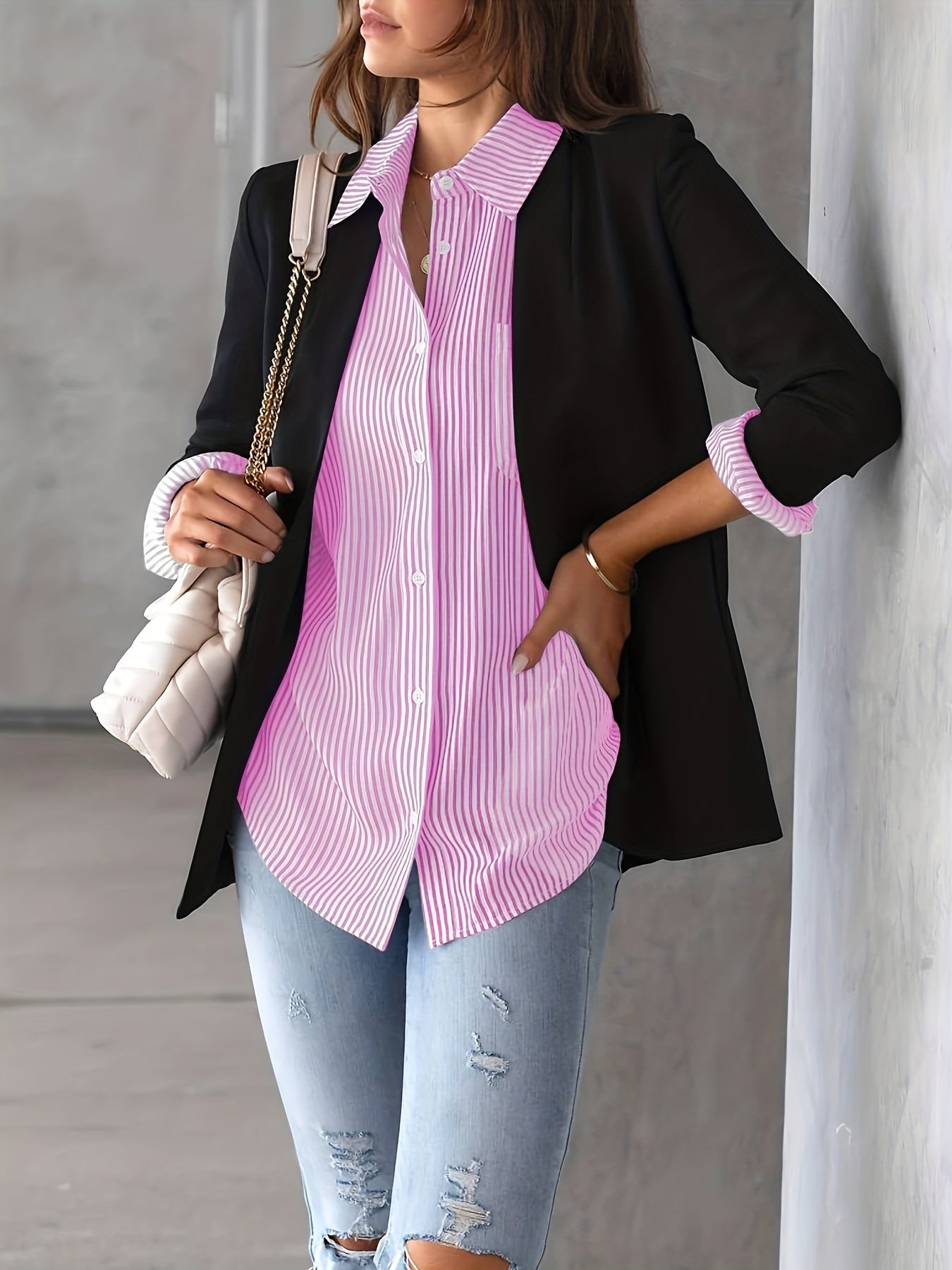 Ladies' Shirt, Classic Striped Print Casual Collar Long Sleeve With Pockets Shirt