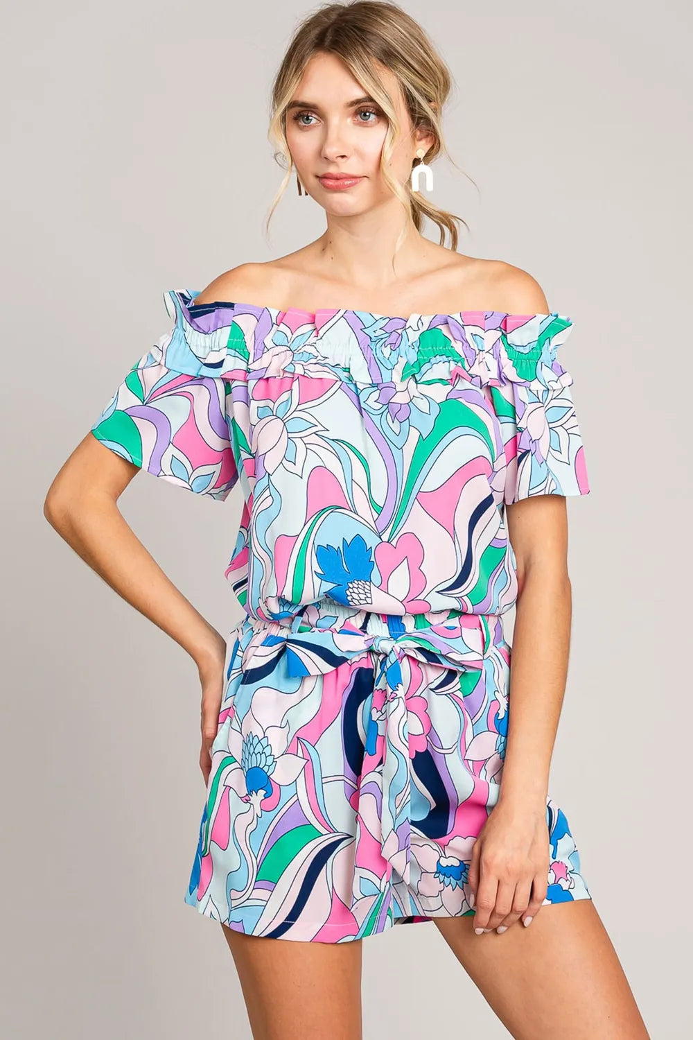 Cotton Bleu by Nu Label Abstracted Print Tie Front Shorts.