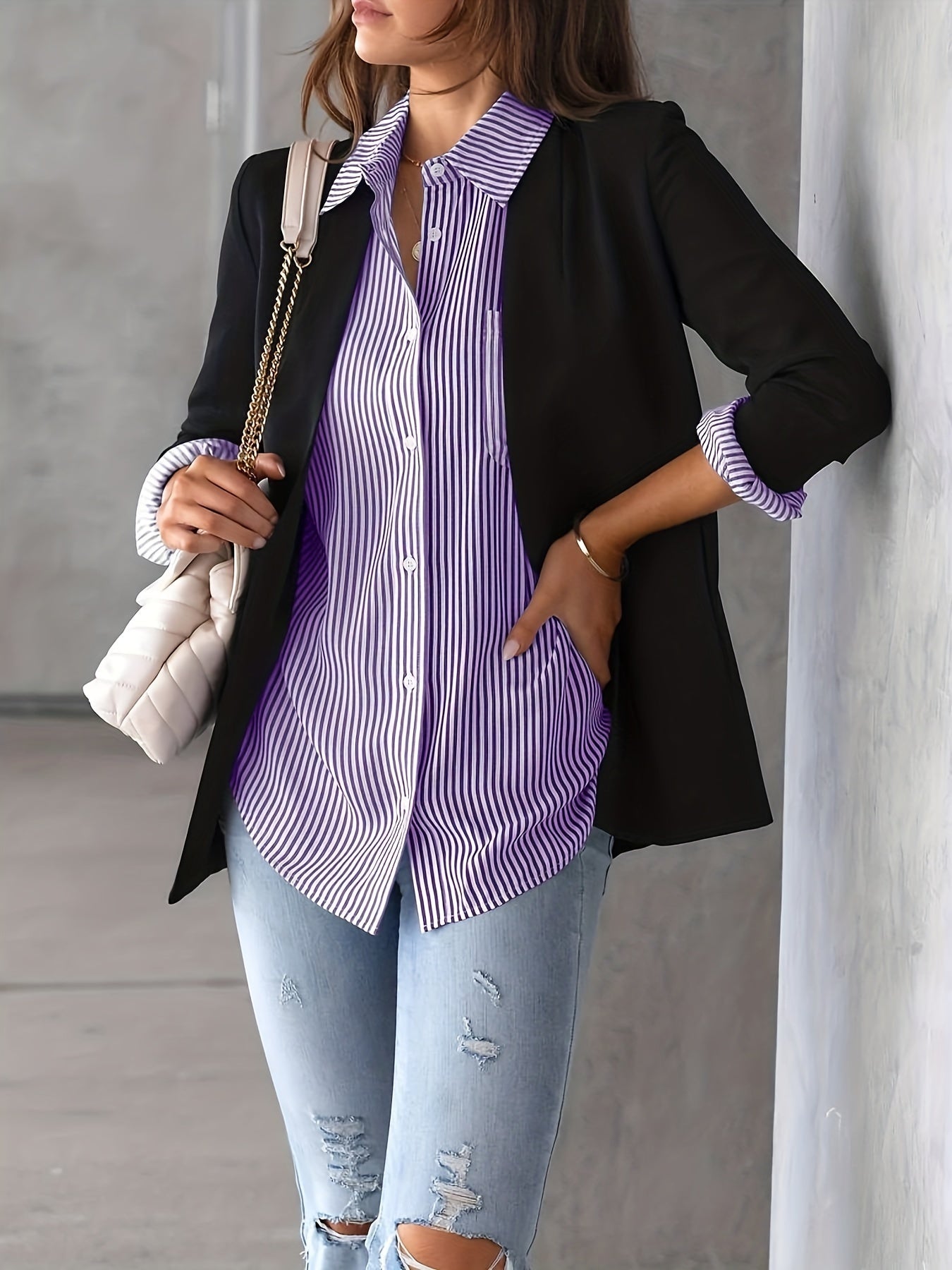 Ladies' Shirt, Classic Striped Print Casual Collar Long Sleeve With Pockets Shirt