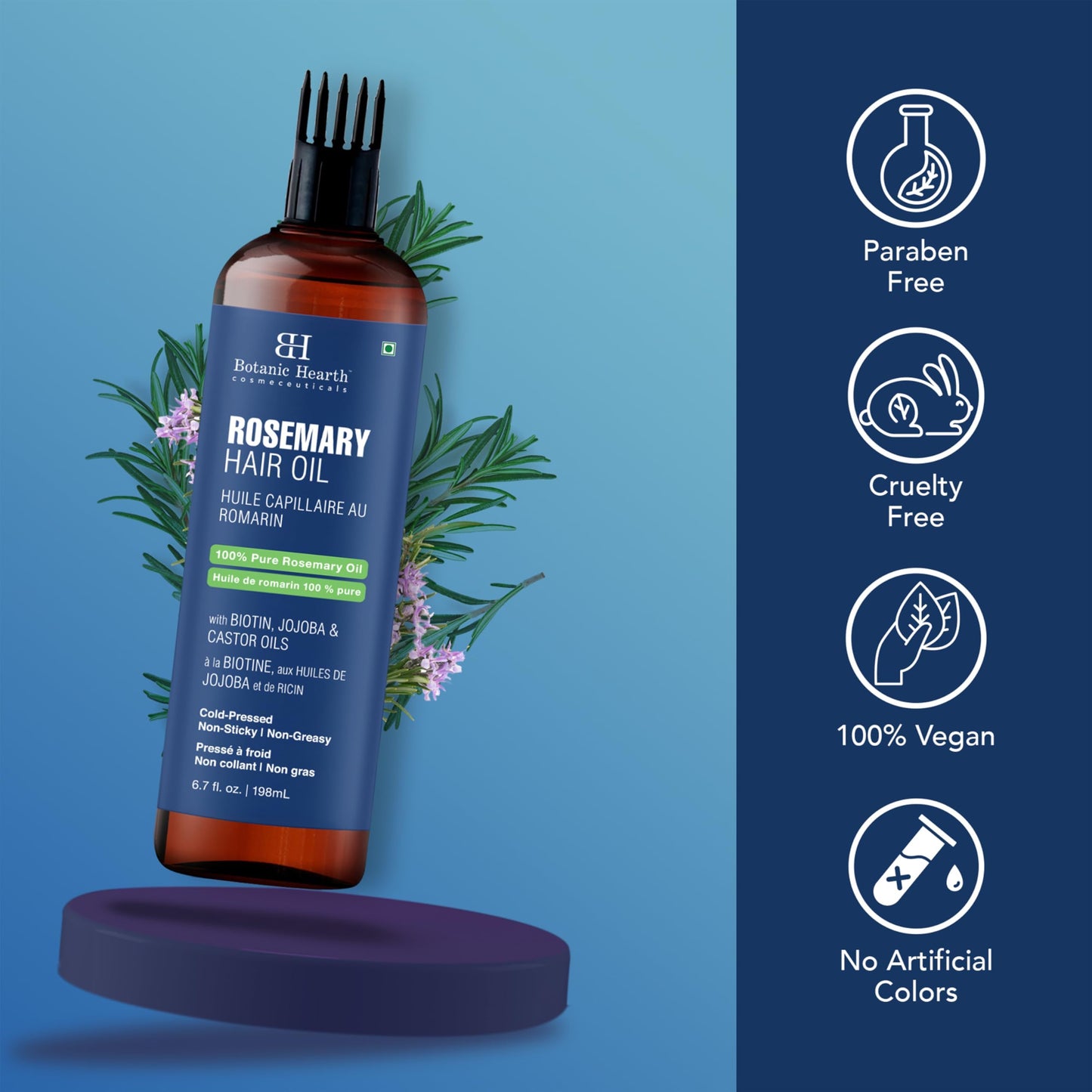 Botanic Hearth 100% Pure Rosemary Oil For Hair Growth (6.7 fl oz) Infused With Biotin, Jojoba & castor Oil | Nourishing & Volumizing | Non GMO Verified