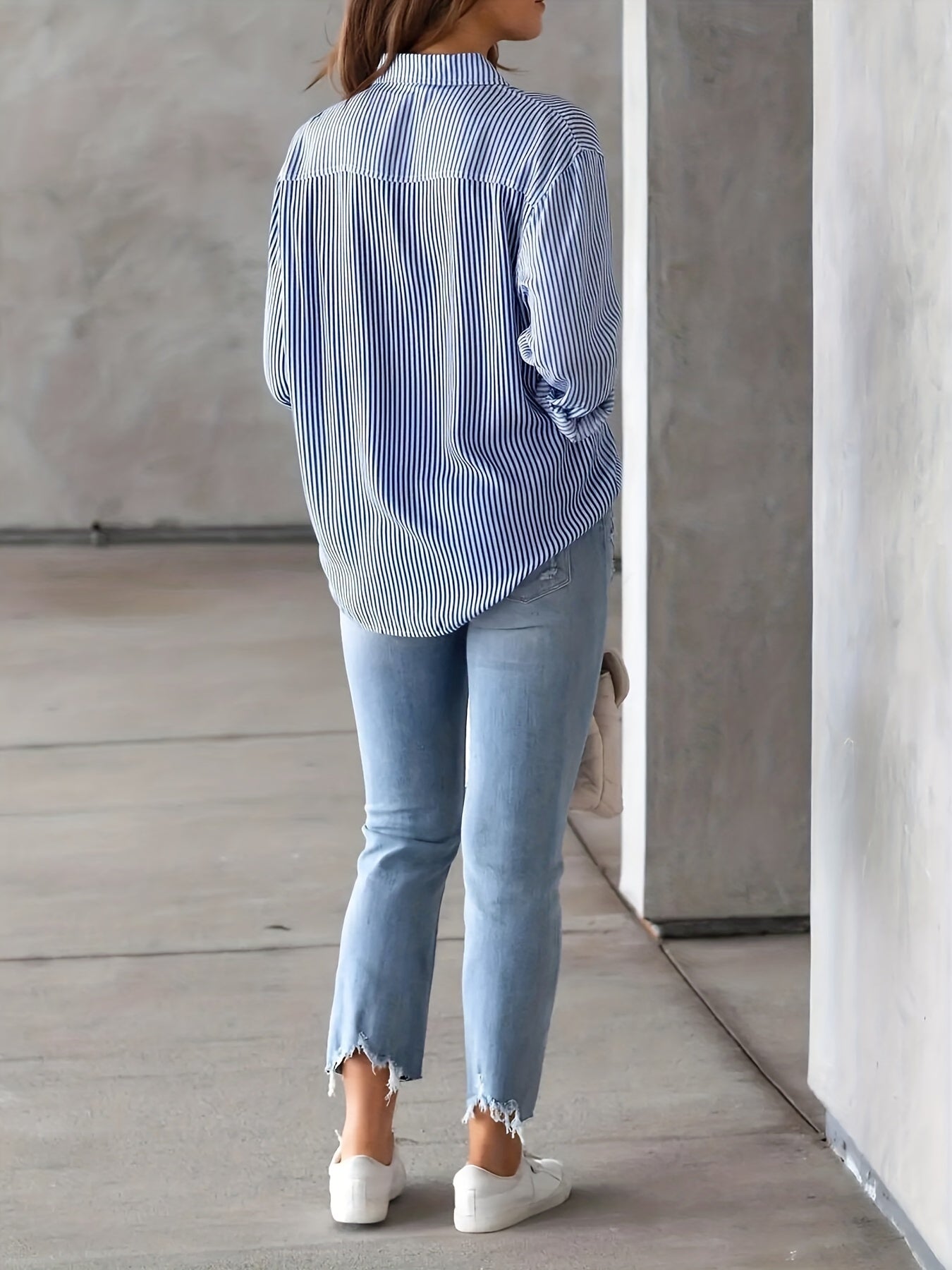 Ladies' Shirt, Classic Striped Print Casual Collar Long Sleeve With Pockets Shirt