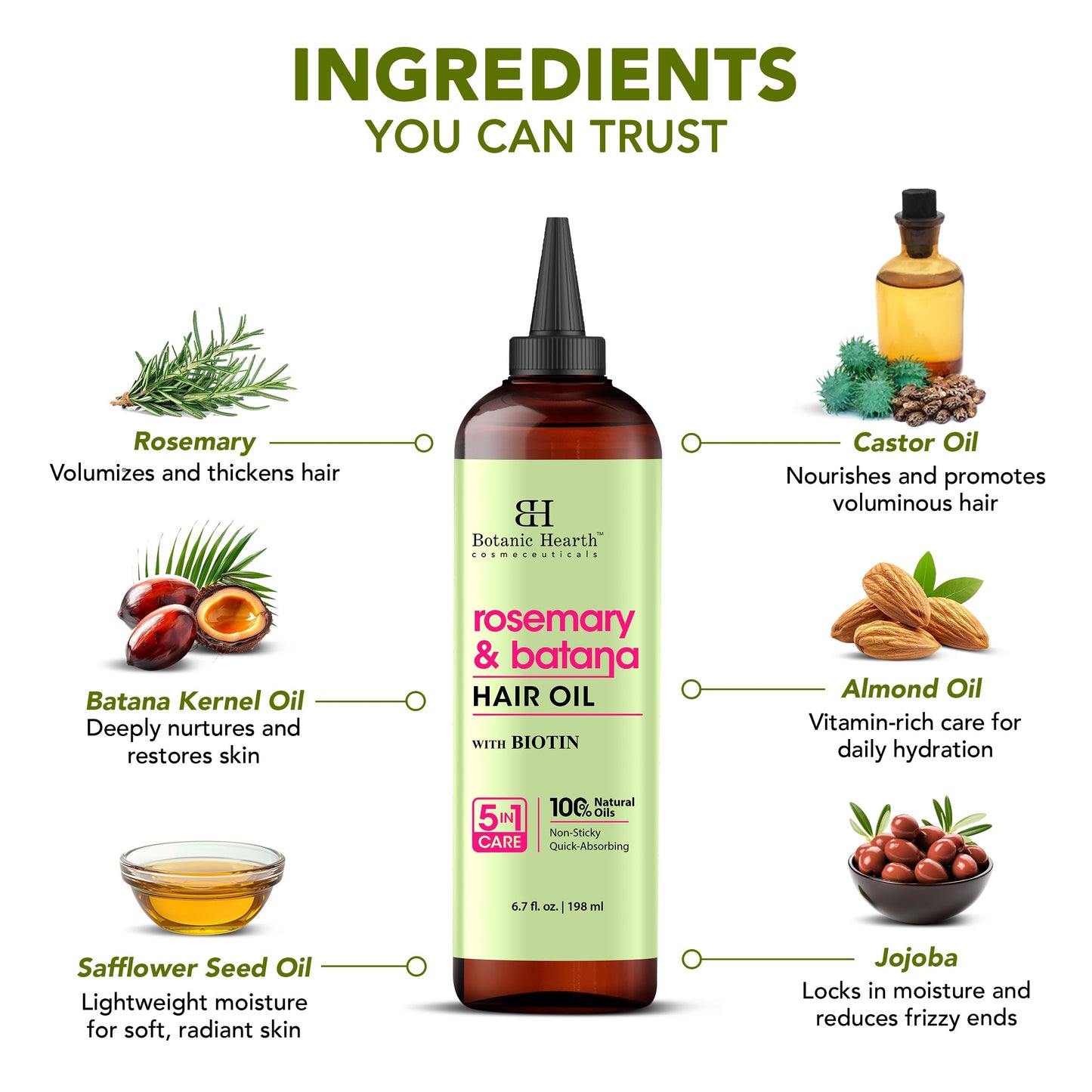 Botanic Hearth 100% Pure Rosemary Oil For Hair Growth (6.7 fl oz) Infused With Biotin, Jojoba & castor Oil | Nourishing & Volumizing | Non GMO Verified