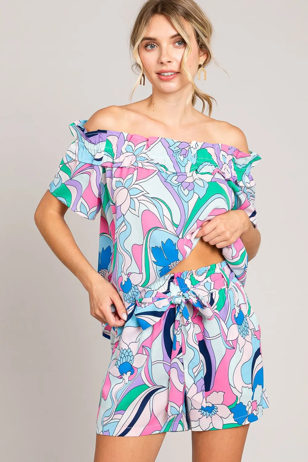 Cotton Bleu by Nu Label Abstracted Print Tie Front Shorts.