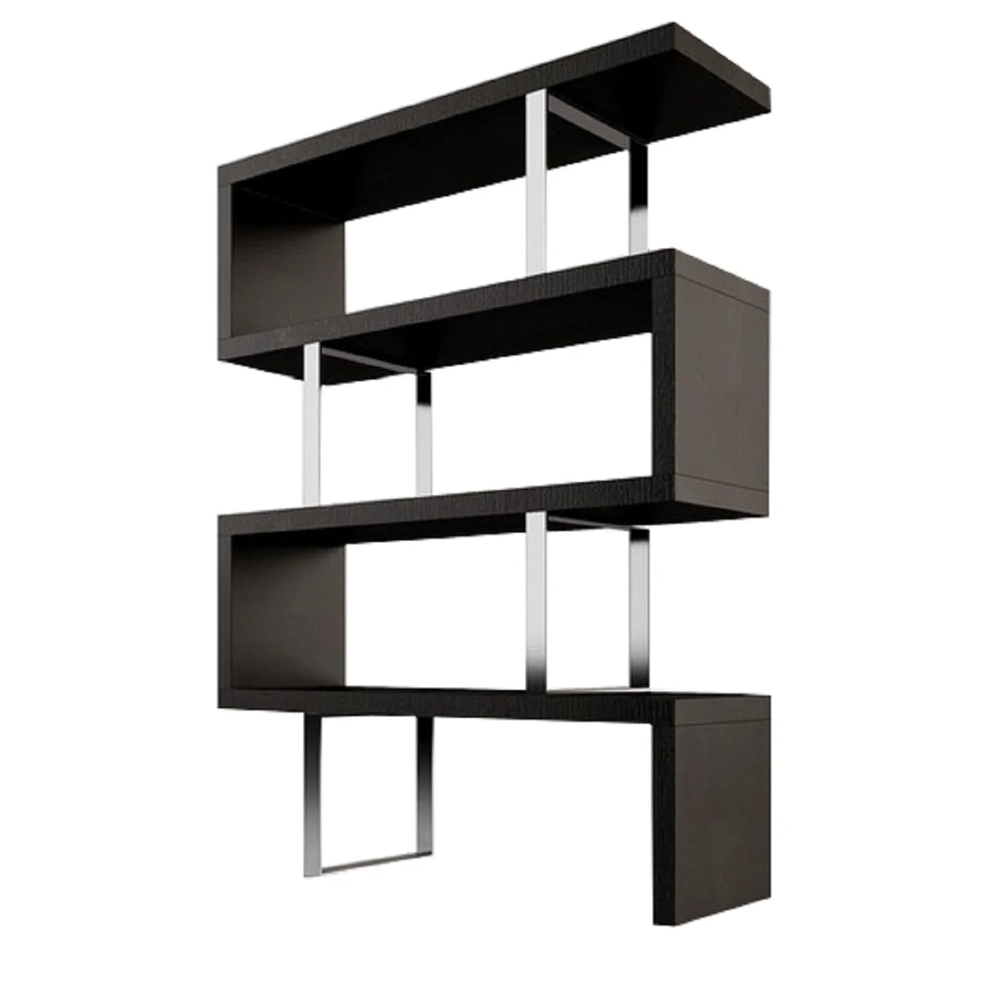 HMS 67 Three-Tier Etagere Bookcase in Black and Silver Metal with Wood Elegant Six-Shelf Display