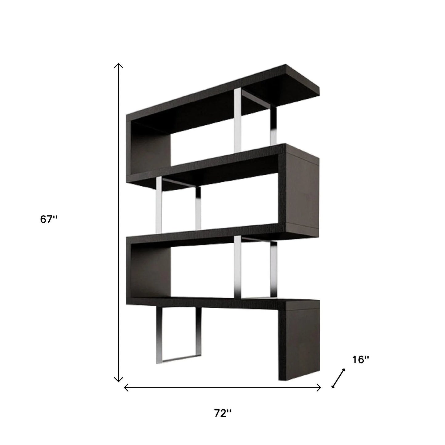 HMS 67 Three-Tier Etagere Bookcase in Black and Silver Metal with Wood Elegant Six-Shelf Display