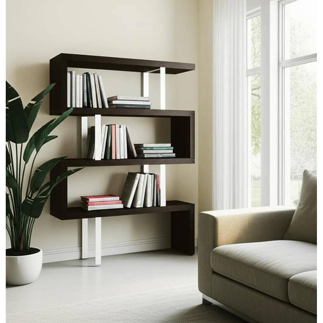 HMS 67 Three-Tier Etagere Bookcase in Black and Silver Metal with Wood Elegant Six-Shelf Display
