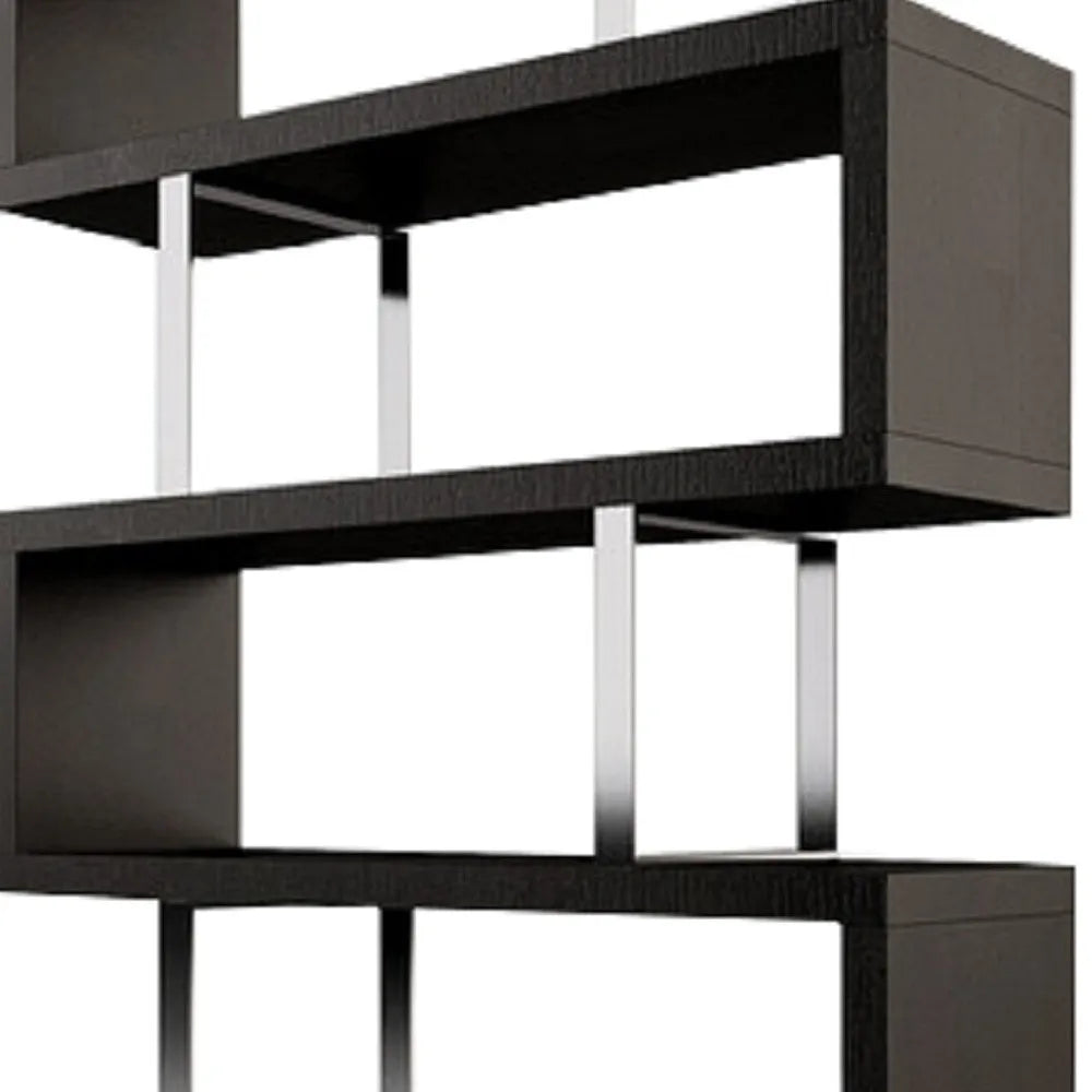 HMS 67 Three-Tier Etagere Bookcase in Black and Silver Metal with Wood Elegant Six-Shelf Display