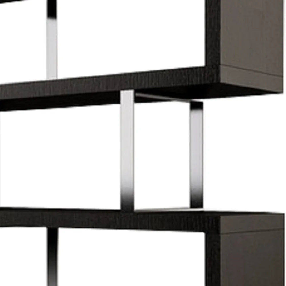 HMS 67 Three-Tier Etagere Bookcase in Black and Silver Metal with Wood Elegant Six-Shelf Display