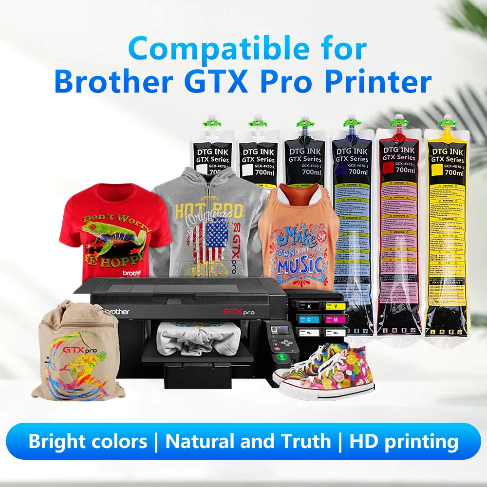 Eco Friendly GTX Ink Bags with Chip 700ml Ultra White Coverage Skin Safe for Brother GTX Printer 600 400 422 423 424 425 600