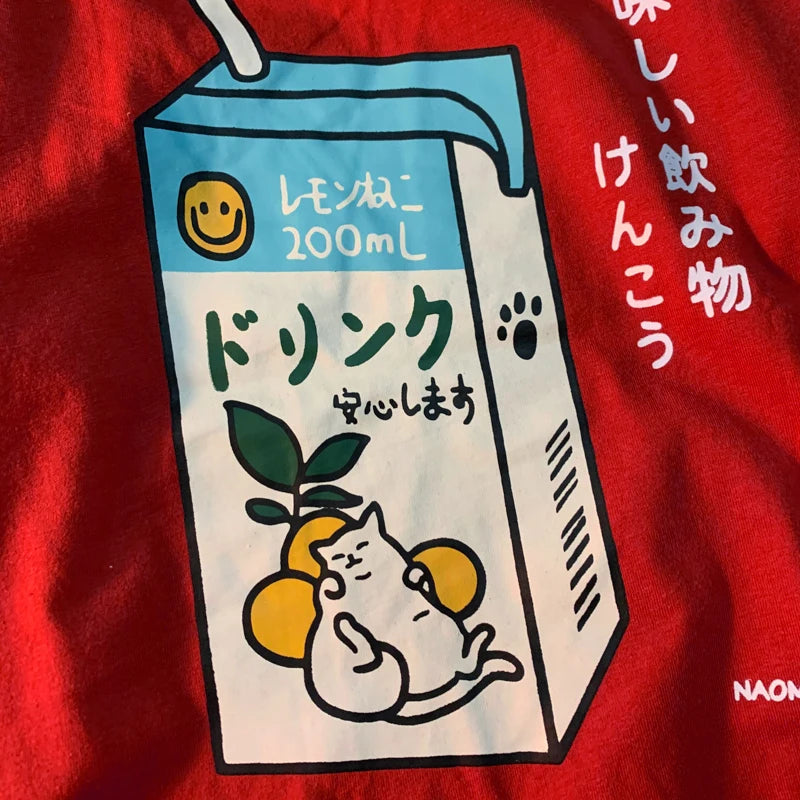 Cute Japanese Cat Print Oversized T-shirt men Women Short Sleeve Loose Casual Tee Shirt Streetwear Tops Cotton Harajuku Clothing-World Bazaar Life