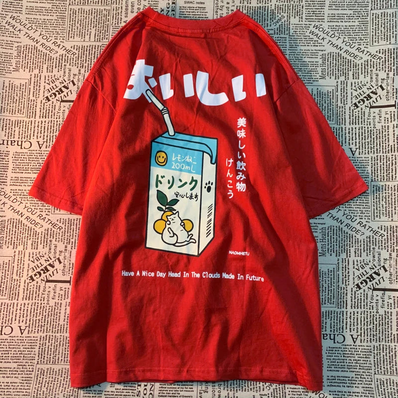 Cute Japanese Cat Print Oversized T-shirt men Women Short Sleeve Loose Casual Tee Shirt Streetwear Tops Cotton Harajuku Clothing-World Bazaar Life