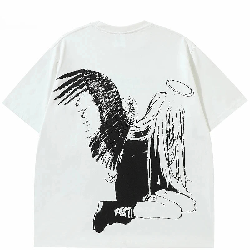 Men Tshirt Streetwear Japanese Harajuku Cartoon Angel Wings Graphic T-Shirt Summer 2024 HipHop T Shirt Anime Tops Tee Cotton Y2K