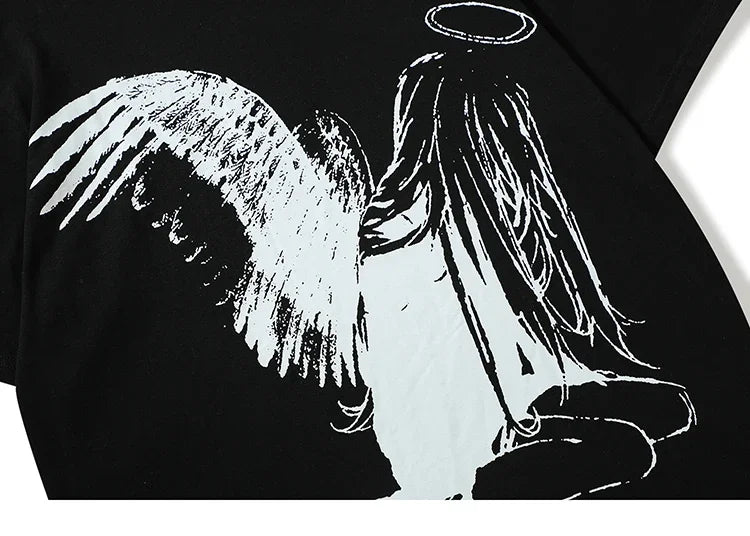 Men Tshirt Streetwear Japanese Harajuku Cartoon Angel Wings Graphic T-Shirt Summer 2024 HipHop T Shirt Anime Tops Tee Cotton Y2K