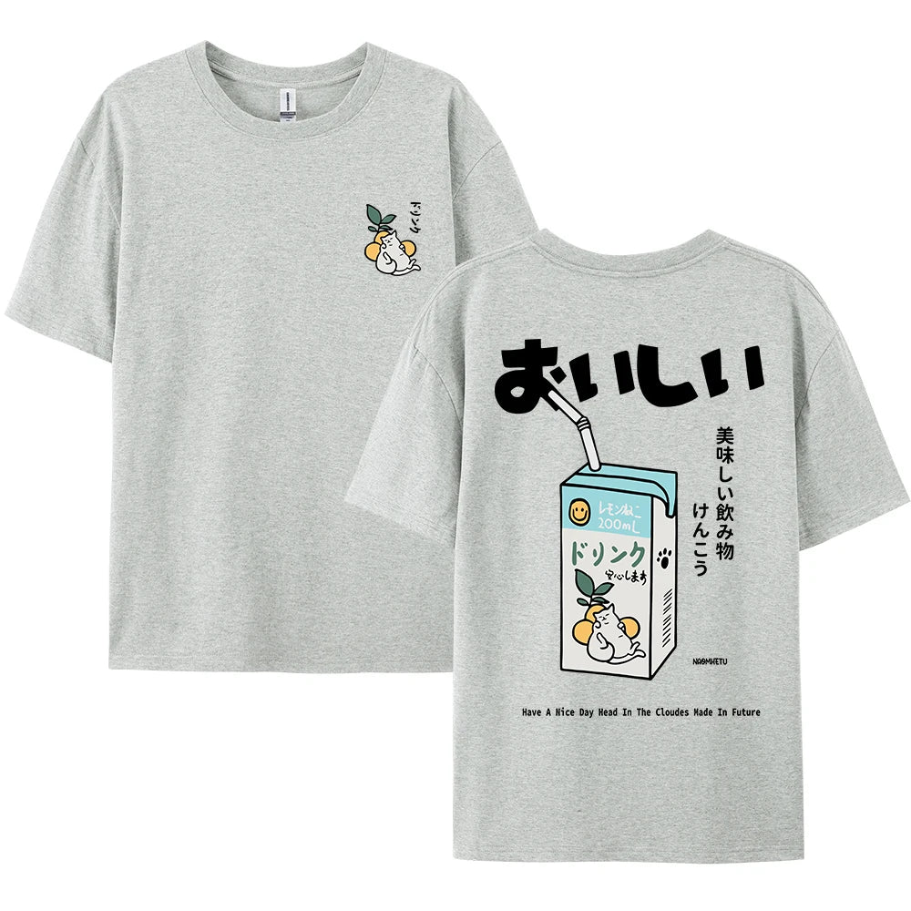 Cute Japanese Cat Print Oversized T-shirt men Women Short Sleeve Loose Casual Tee Shirt Streetwear Tops Cotton Harajuku Clothing-World Bazaar Life