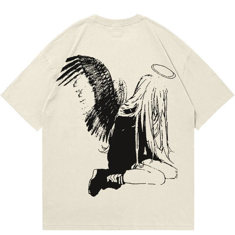 Men Tshirt Streetwear Japanese Harajuku Cartoon Angel Wings Graphic T-Shirt Summer 2024 HipHop T Shirt Anime Tops Tee Cotton Y2K