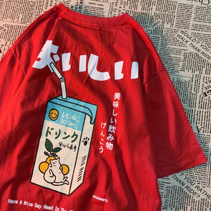 Cute Japanese Cat Print Oversized T-shirt men Women Short Sleeve Loose Casual Tee Shirt Streetwear Tops Cotton Harajuku Clothing-World Bazaar Life