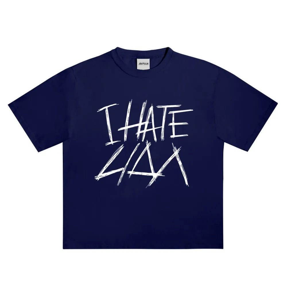 Oversized Men's Clothing Streetwear I HATE LIDA Print Hip Hop Korean Short Sleeve Y2k Tops Tee Cotton Graphic Unisex Tshirt Goth-World Bazaar Life