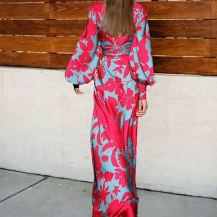 Long Dress Women's Loose V Neck Evening Dress Print Sexy Casual Elegant Holiday Party Loose Autumn Long Dress 2024 Fall