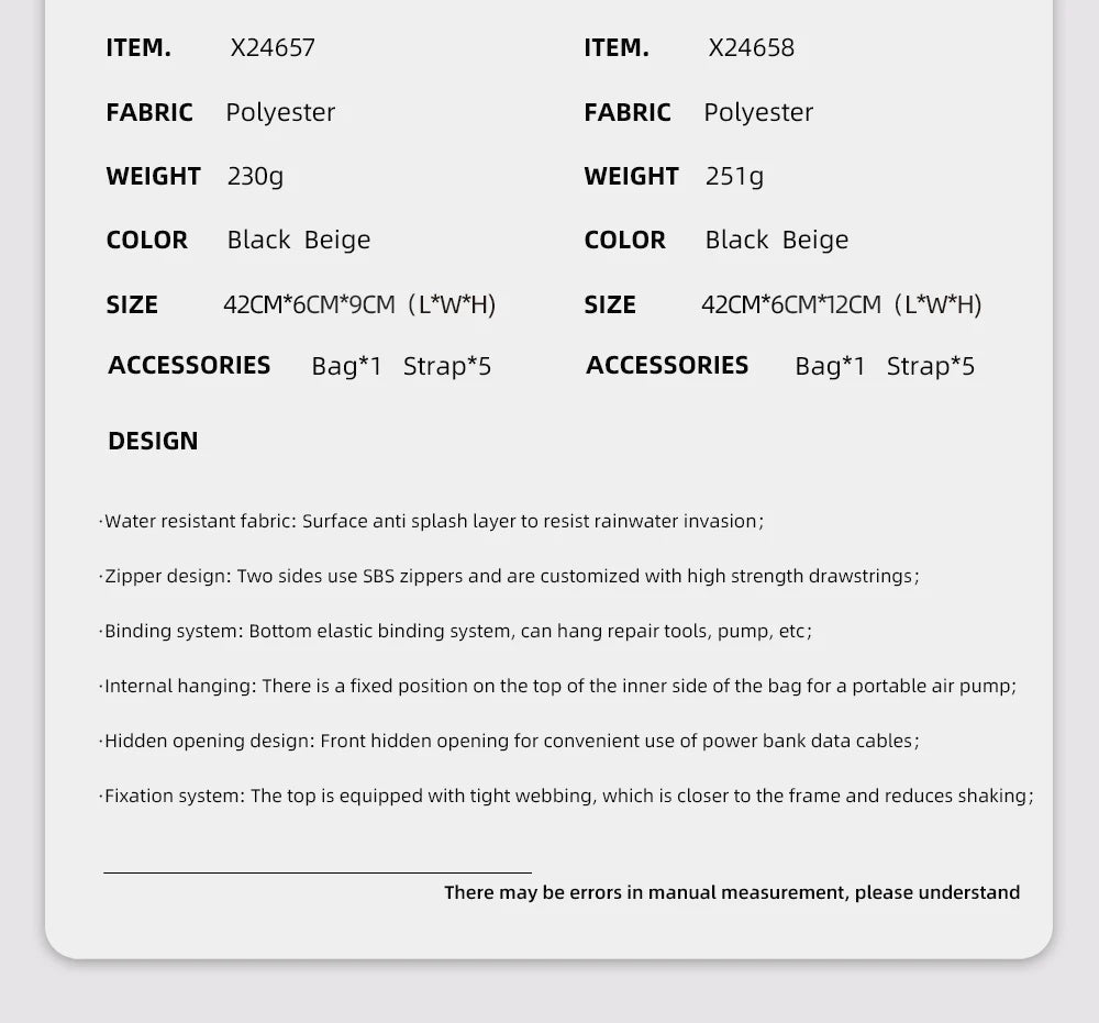 Rhinowalk Bike Frame Bag 2.1L-2.7L Splash-Proof Bicycle Under Tube Bag Triangle Bag Double Sided SBS Zipper Bottom binding syste