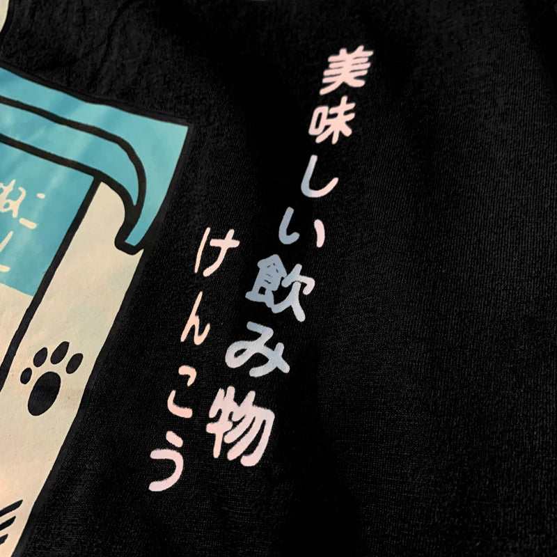 Cute Japanese Cat Print Oversized T-shirt men Women Short Sleeve Loose Casual Tee Shirt Streetwear Tops Cotton Harajuku Clothing-World Bazaar Life
