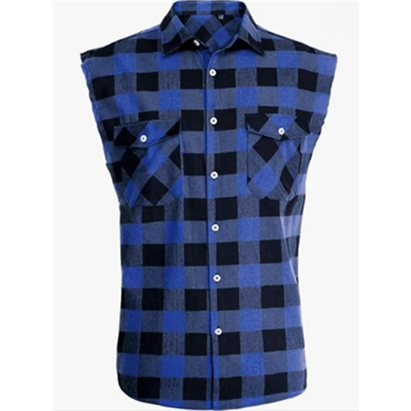 Men's Sleeveless Plaid Front Shirt Beach Cool Tops Baroque Short Sleeve Printed Button Clothing Casual Fashion Blouse - World Bazaar Life