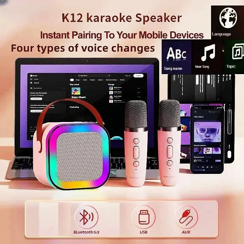 K12 Bluetooth Karaoke Machine Portable 5.3 PA Speaker System with 1-2 Wireless Microphones Home Family Singing Children's Gifts-World Bazaar Life