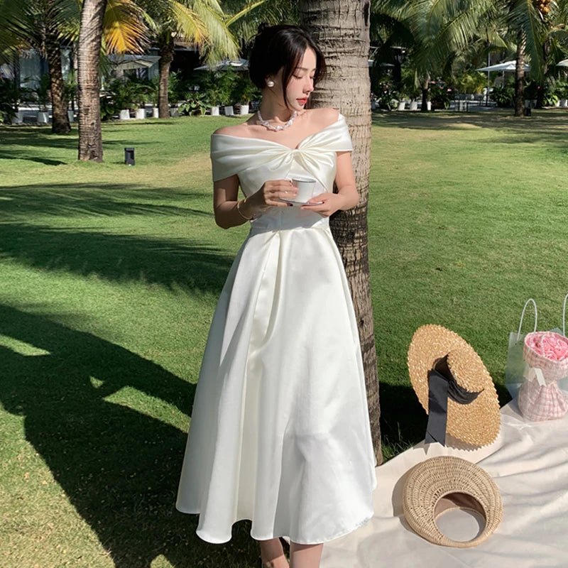 Silk Satin Birthday Dress Long Skirt One Shoulder Strapless Fairy Princess Gown with Bowtie Sweet High Waist A-Line Dress