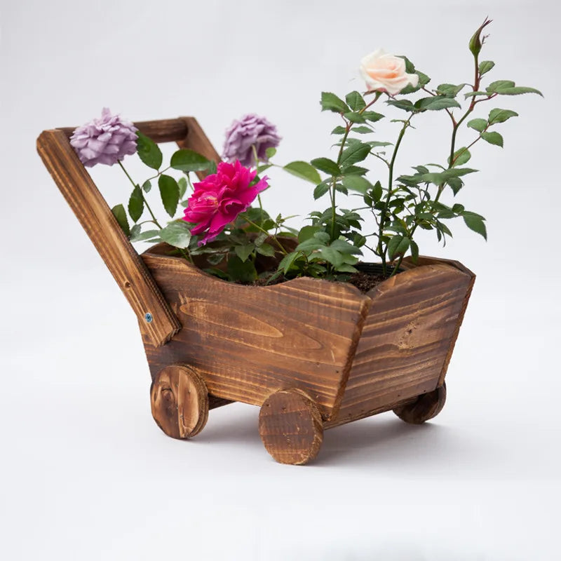1pcs Wooden Cart Flowerpot Succulents Ornament Creative Garden Home Bedroom Shop Window Plants Wheelbarrow Planter Decor Pot