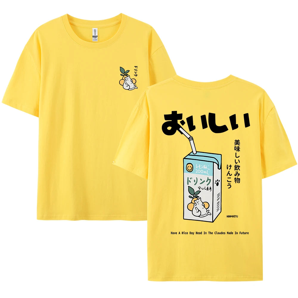 Cute Japanese Cat Print Oversized T-shirt men Women Short Sleeve Loose Casual Tee Shirt Streetwear Tops Cotton Harajuku Clothing-World Bazaar Life