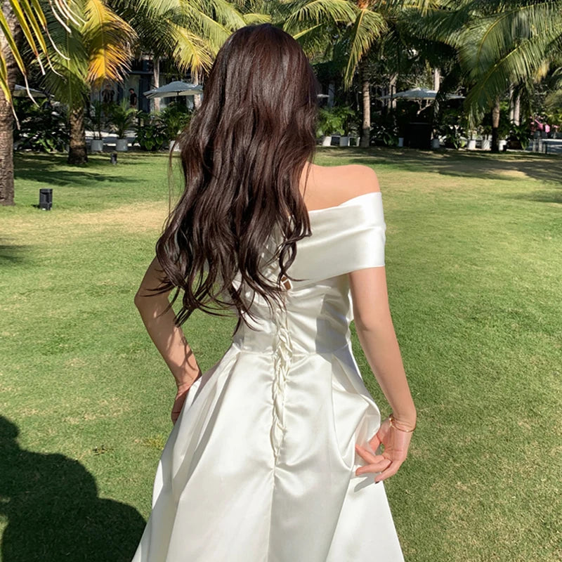 Silk Satin Birthday Dress Long Skirt One Shoulder Strapless Fairy Princess Gown with Bowtie Sweet High Waist A-Line Dress