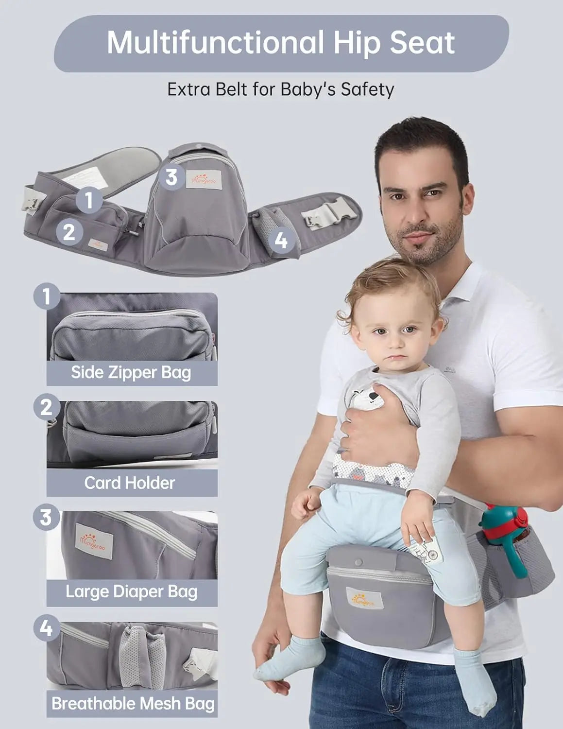 Babytrage, Babytrage für Neugeborene bis Kleinkinder, Kleinkindtrage mit Kapuze, alle Jahreszeiten und alle Positions-Baby-Hüfttrage
