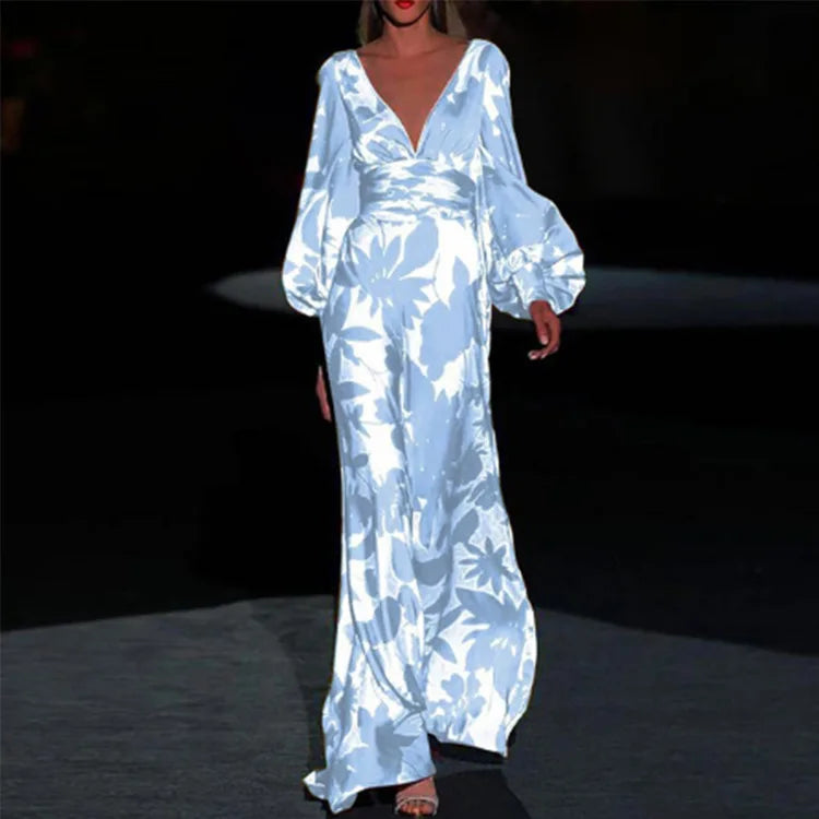 Long Dress Women's Loose V Neck Evening Dress Print Sexy Casual Elegant Holiday Party Loose Autumn Long Dress 2024 Fall