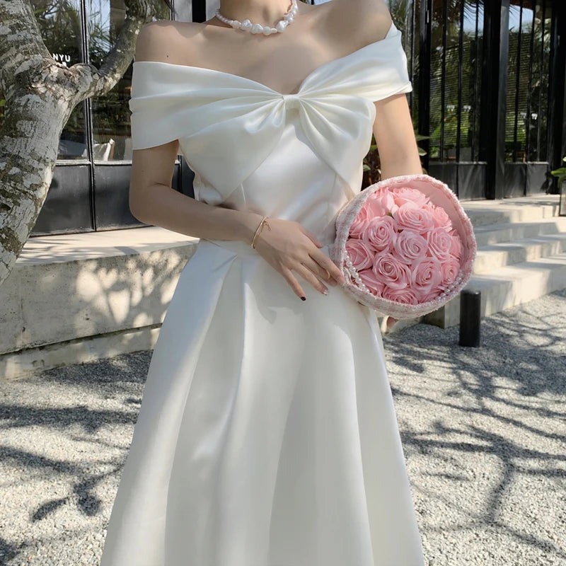 Silk Satin Birthday Dress Long Skirt One Shoulder Strapless Fairy Princess Gown with Bowtie Sweet High Waist A-Line Dress