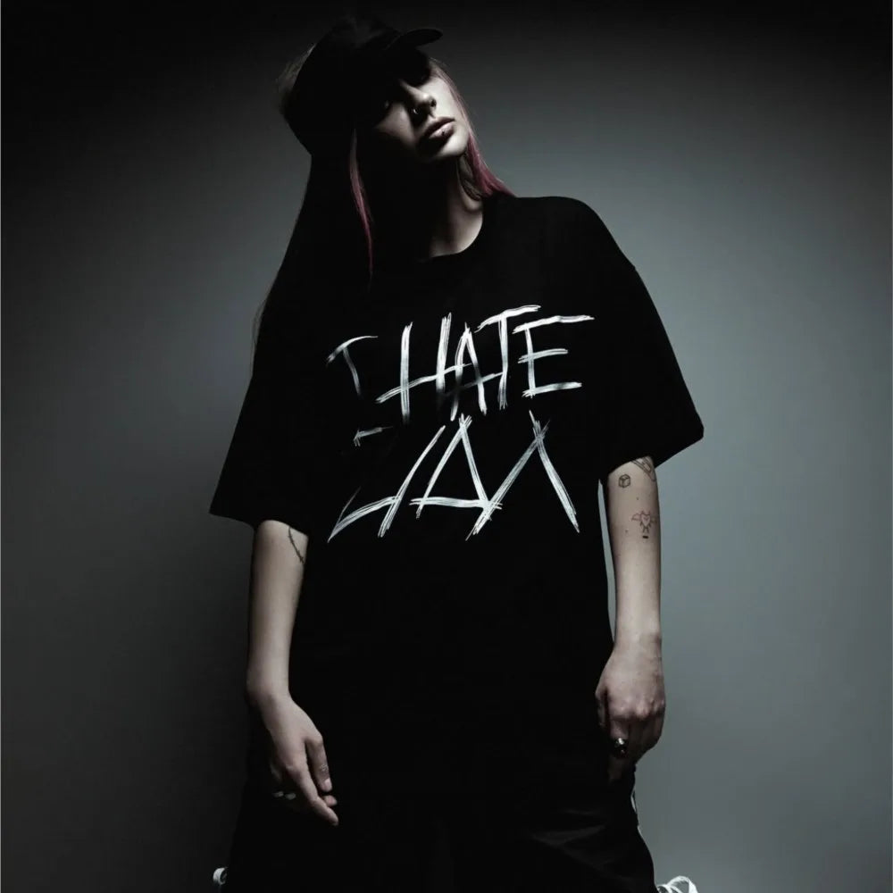 Oversized Men's Clothing Streetwear I HATE LIDA Print Hip Hop Korean Short Sleeve Y2k Tops Tee Cotton Graphic Unisex Tshirt Goth-World Bazaar Life