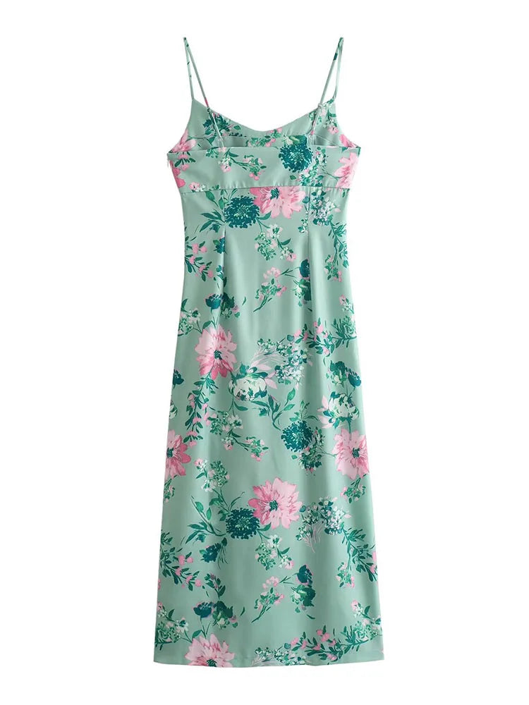 TRAF New Women's Split Psychedelic Dress French Floral Pattern Pleated Embellished Halter Long Dress Chic Elegant Womenswear