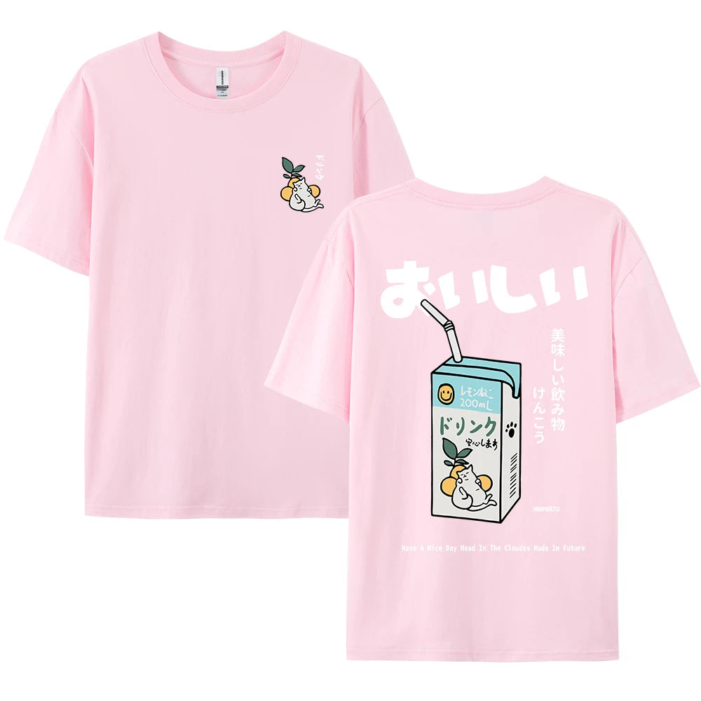 Cute Japanese Cat Print Oversized T-shirt men Women Short Sleeve Loose Casual Tee Shirt Streetwear Tops Cotton Harajuku Clothing-World Bazaar Life