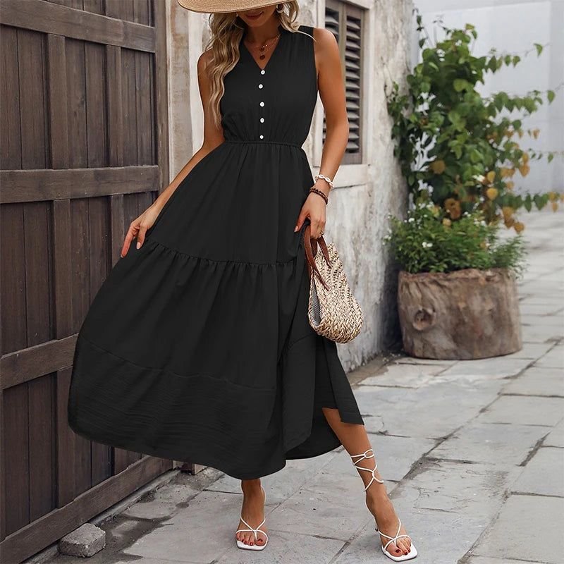 A new summer women's dress with a sleeveless V-neck, solid color and high waist for cross-border foreign trade in 2025-World Bazaar Life