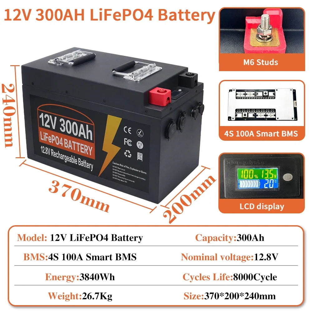 Lithium Iron Phosphate Battery 12V 300Ah LiFePO4 Built In BMS for Replacing Most of Backup Power Home Energy Storage Tax Free