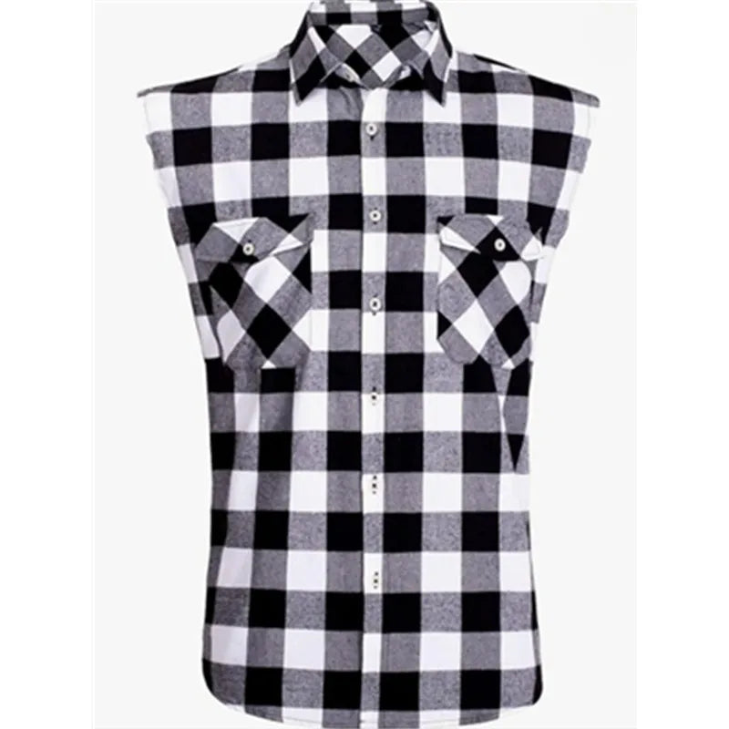 Men's Sleeveless Plaid Front Shirt Beach Cool Tops Baroque Short Sleeve Printed Button Clothing Casual Fashion Blouse - World Bazaar Life