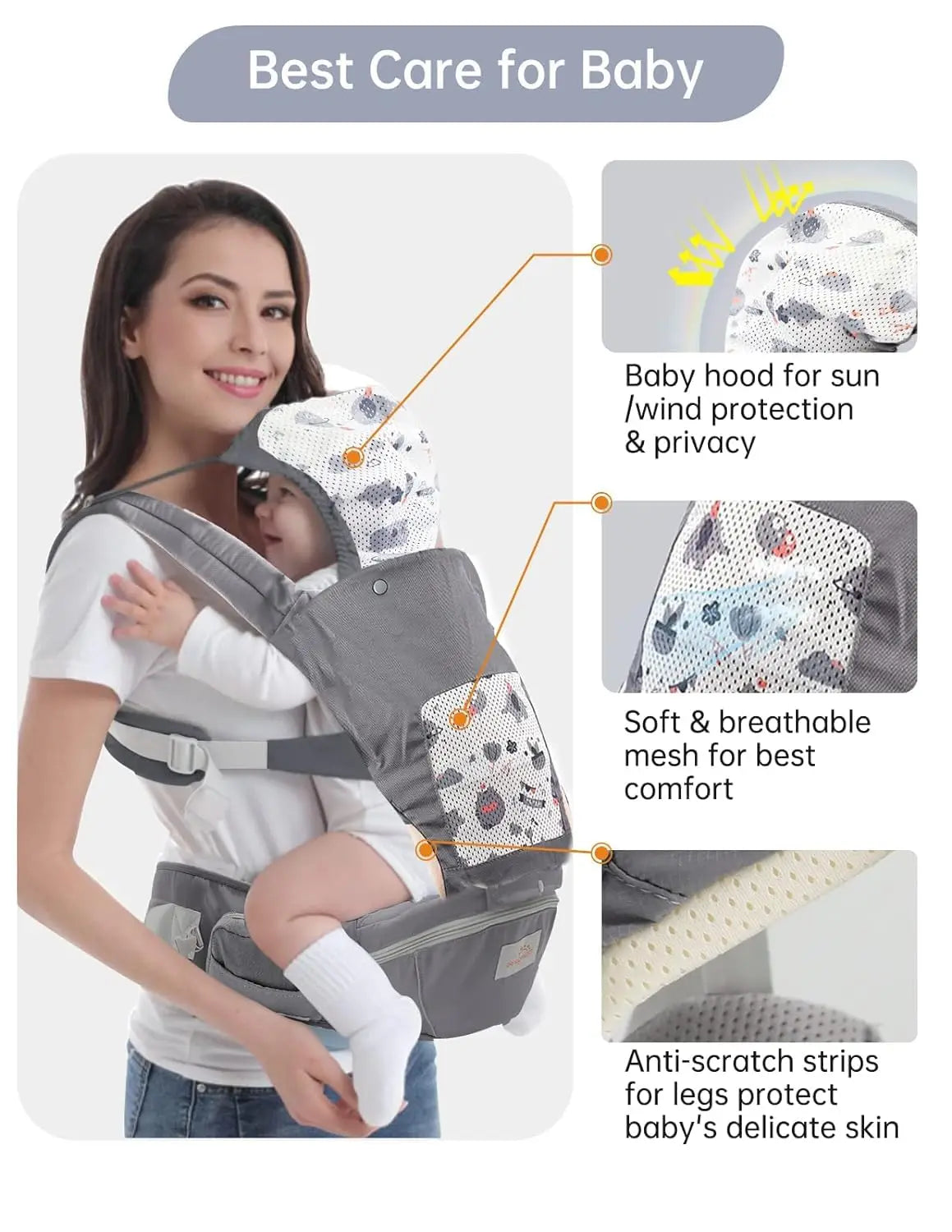 Babytrage, Babytrage für Neugeborene bis Kleinkinder, Kleinkindtrage mit Kapuze, alle Jahreszeiten und alle Positions-Baby-Hüfttrage