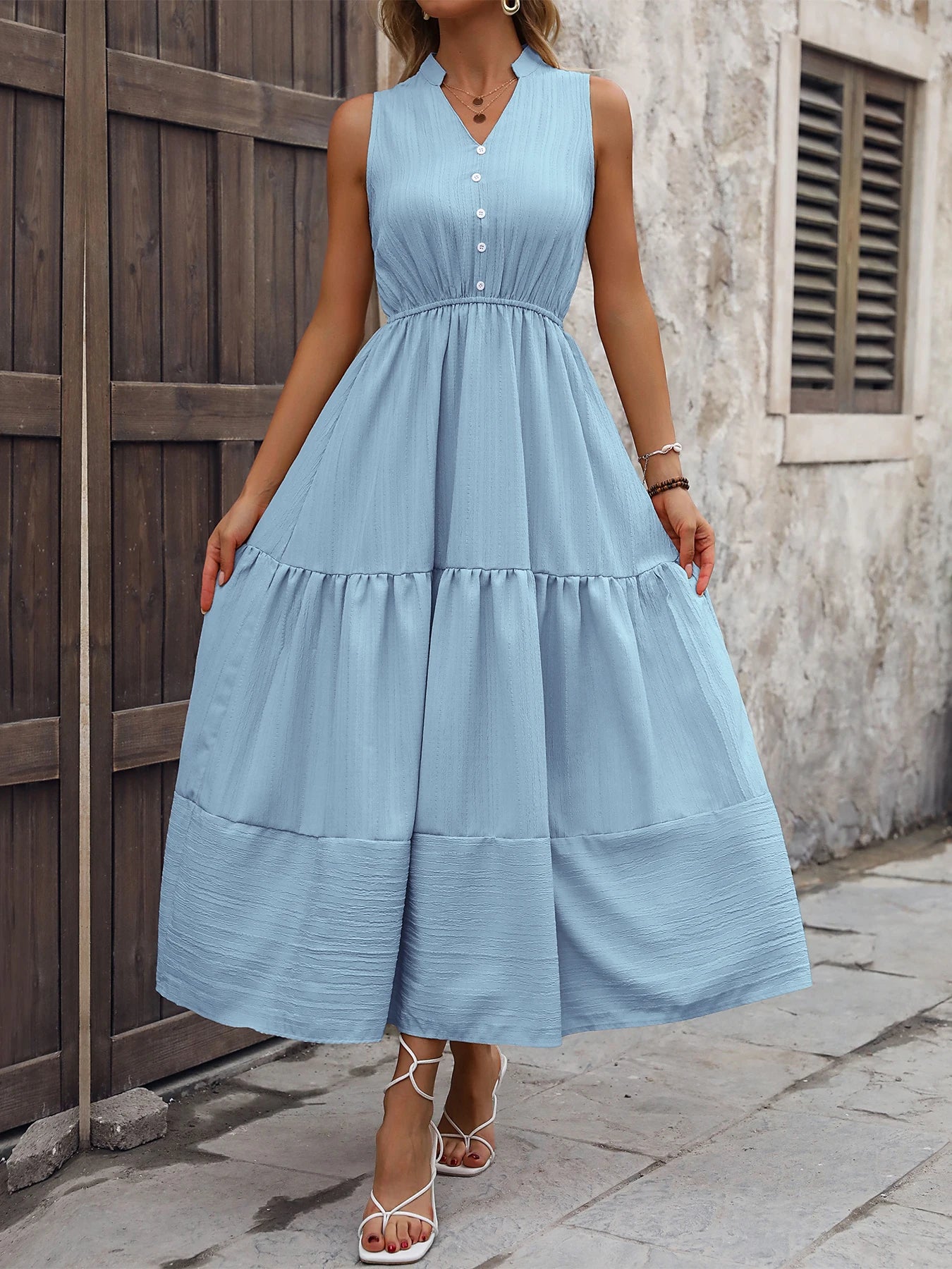 A new summer women's dress with a sleeveless V-neck, solid color and high waist for cross-border foreign trade in 2025-World Bazaar Life