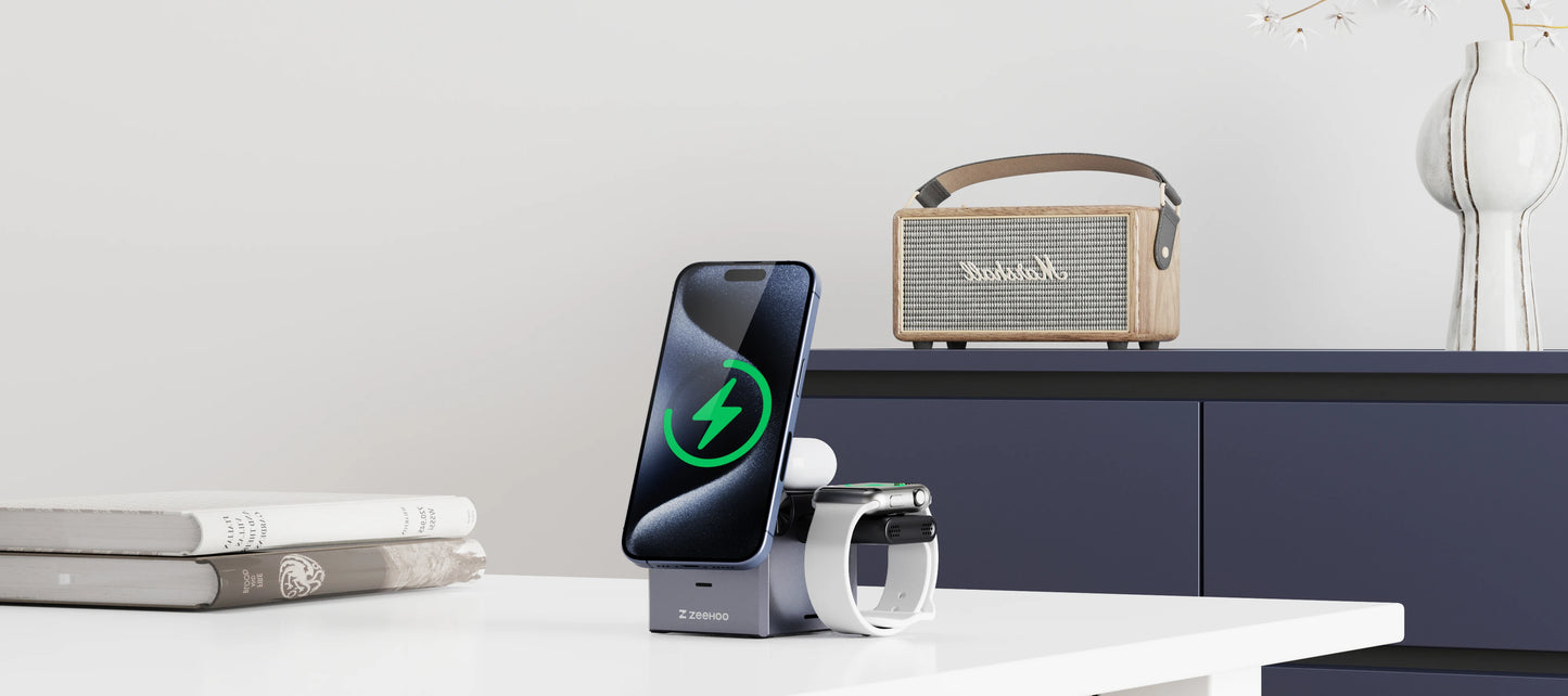 ZeeHoo 3-in-1 Charging Station for iPhone, MagSafe Wireless Stand - World Bazaar Life