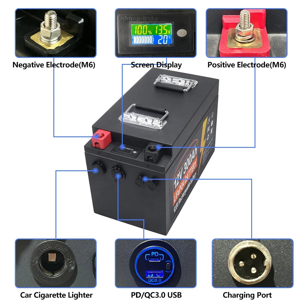 Lithium Iron Phosphate Battery 12V 300Ah LiFePO4 Built In BMS for Replacing Most of Backup Power Home Energy Storage Tax Free