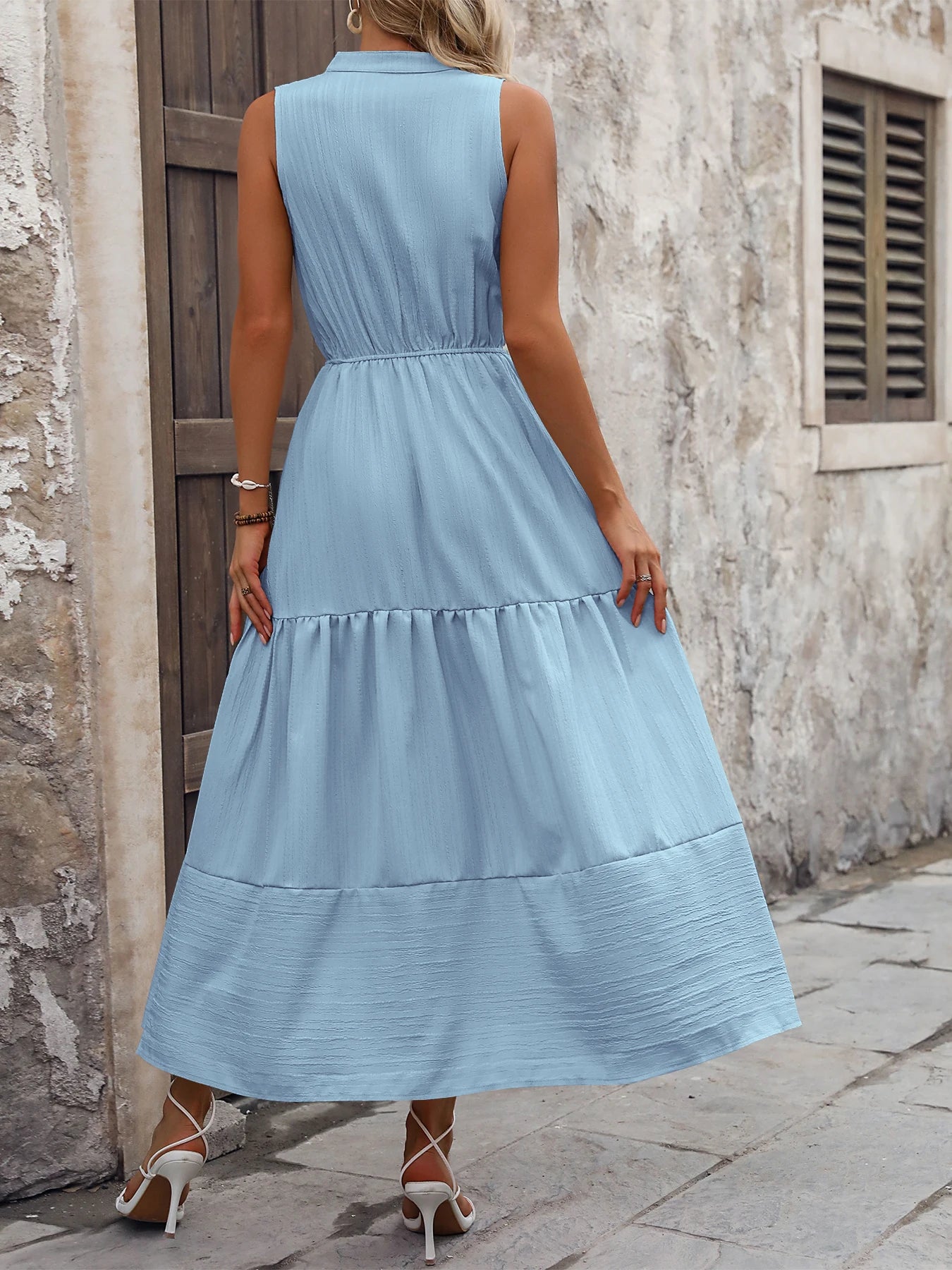 A new summer women's dress with a sleeveless V-neck, solid color and high waist for cross-border foreign trade in 2025-World Bazaar Life