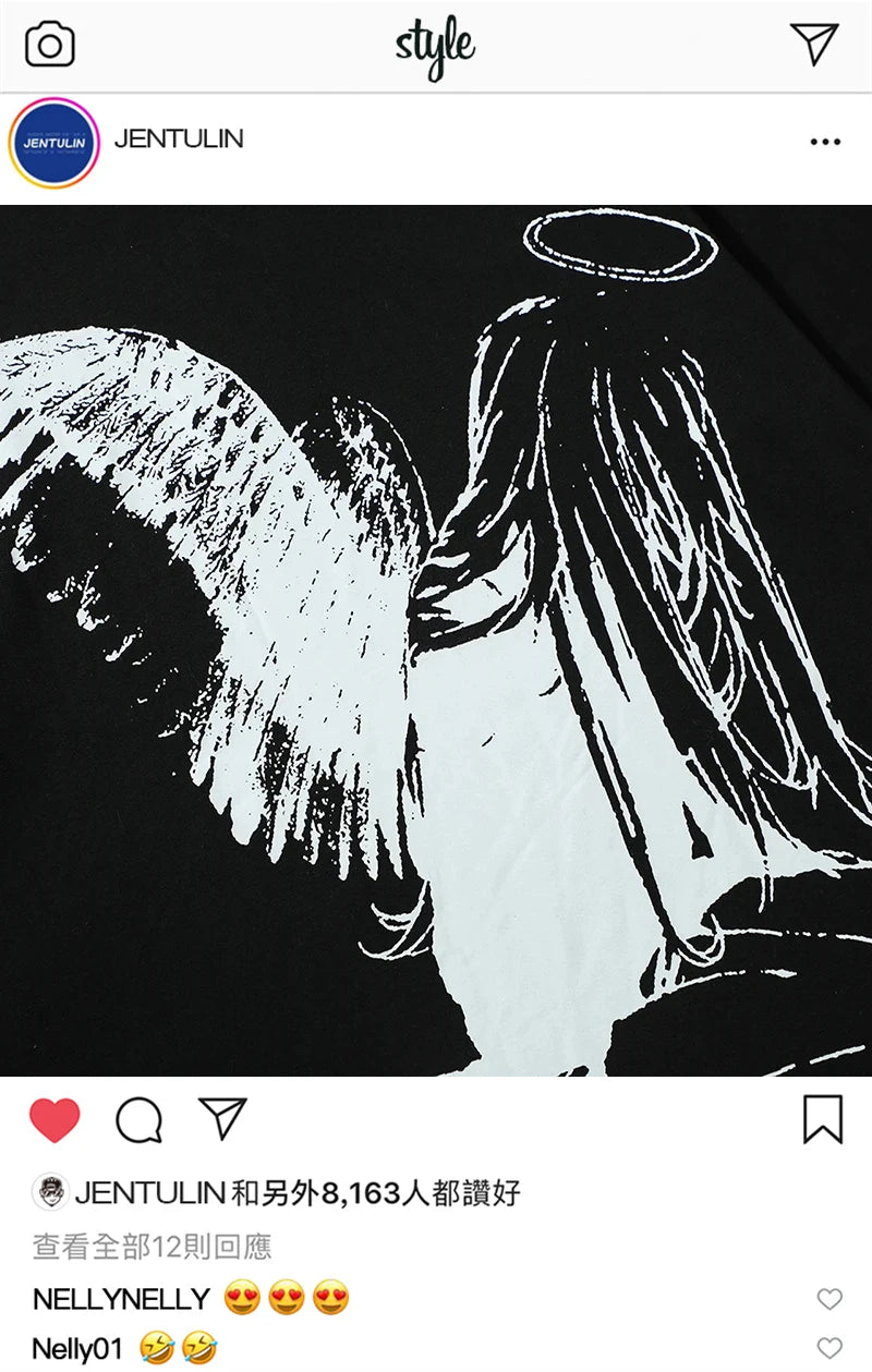 Men Tshirt Streetwear Japanese Harajuku Cartoon Angel Wings Graphic T-Shirt Summer 2024 HipHop T Shirt Anime Tops Tee Cotton Y2K