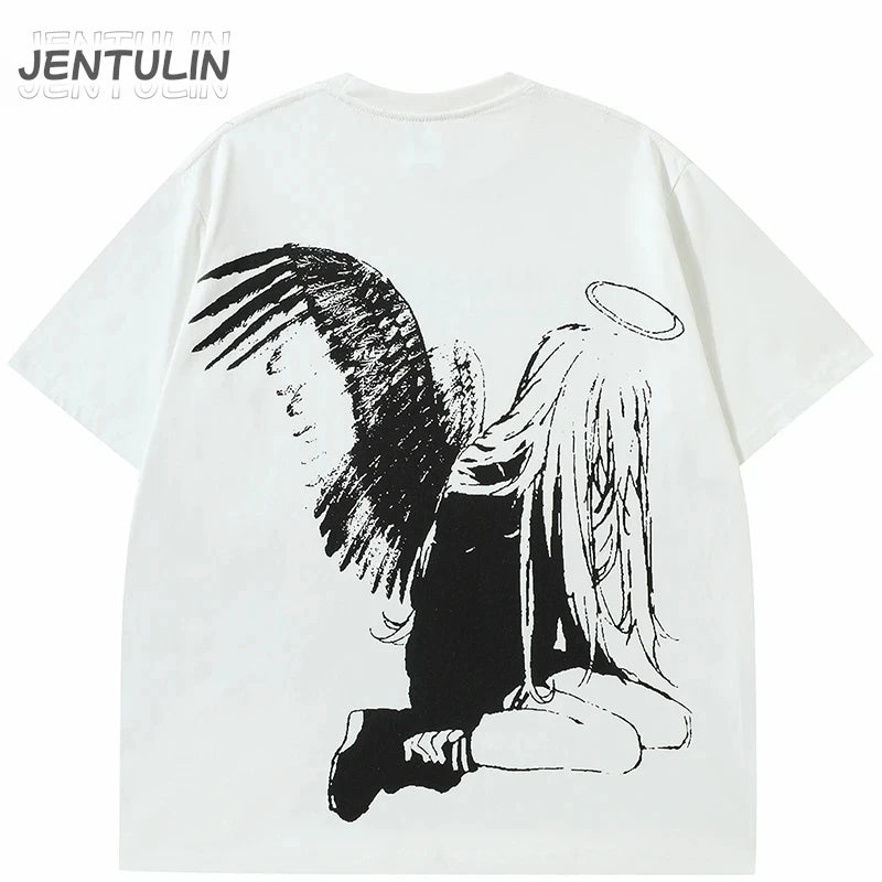 Men Tshirt Streetwear Japanese Harajuku Cartoon Angel Wings Graphic T-Shirt Summer 2024 HipHop T Shirt Anime Tops Tee Cotton Y2K