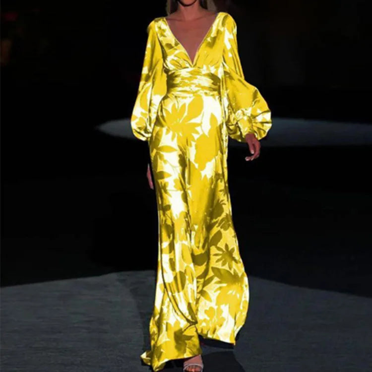 Long Dress Women's Loose V Neck Evening Dress Print Sexy Casual Elegant Holiday Party Loose Autumn Long Dress 2024 Fall
