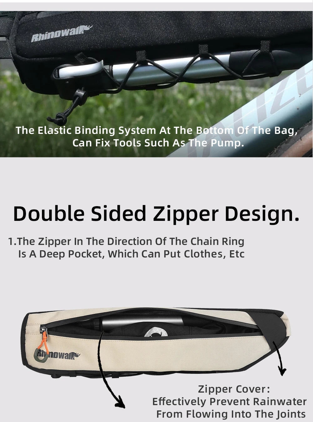 Rhinowalk Bike Frame Bag 2.1L-2.7L Splash-Proof Bicycle Under Tube Bag Triangle Bag Double Sided SBS Zipper Bottom binding syste
