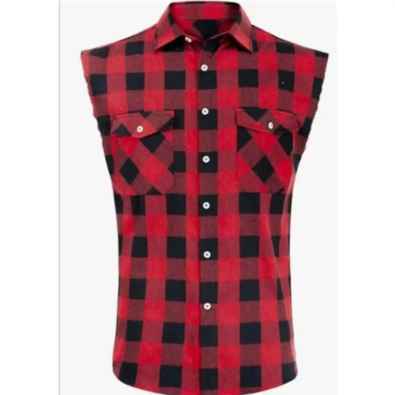 Men's Sleeveless Plaid Front Shirt Beach Cool Tops Baroque Short Sleeve Printed Button Clothing Casual Fashion Blouse - World Bazaar Life
